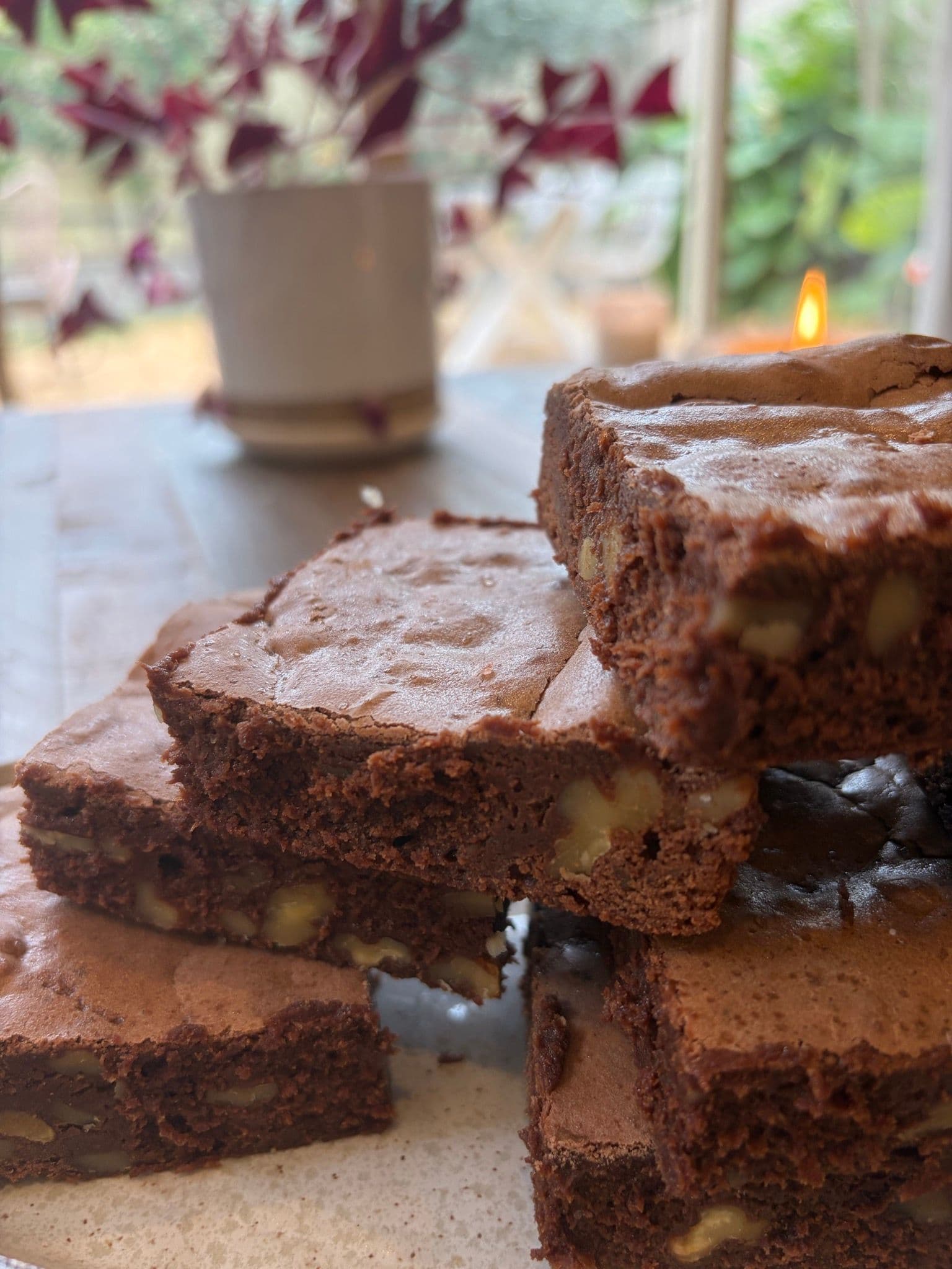 A brownie broken open to show the texture
