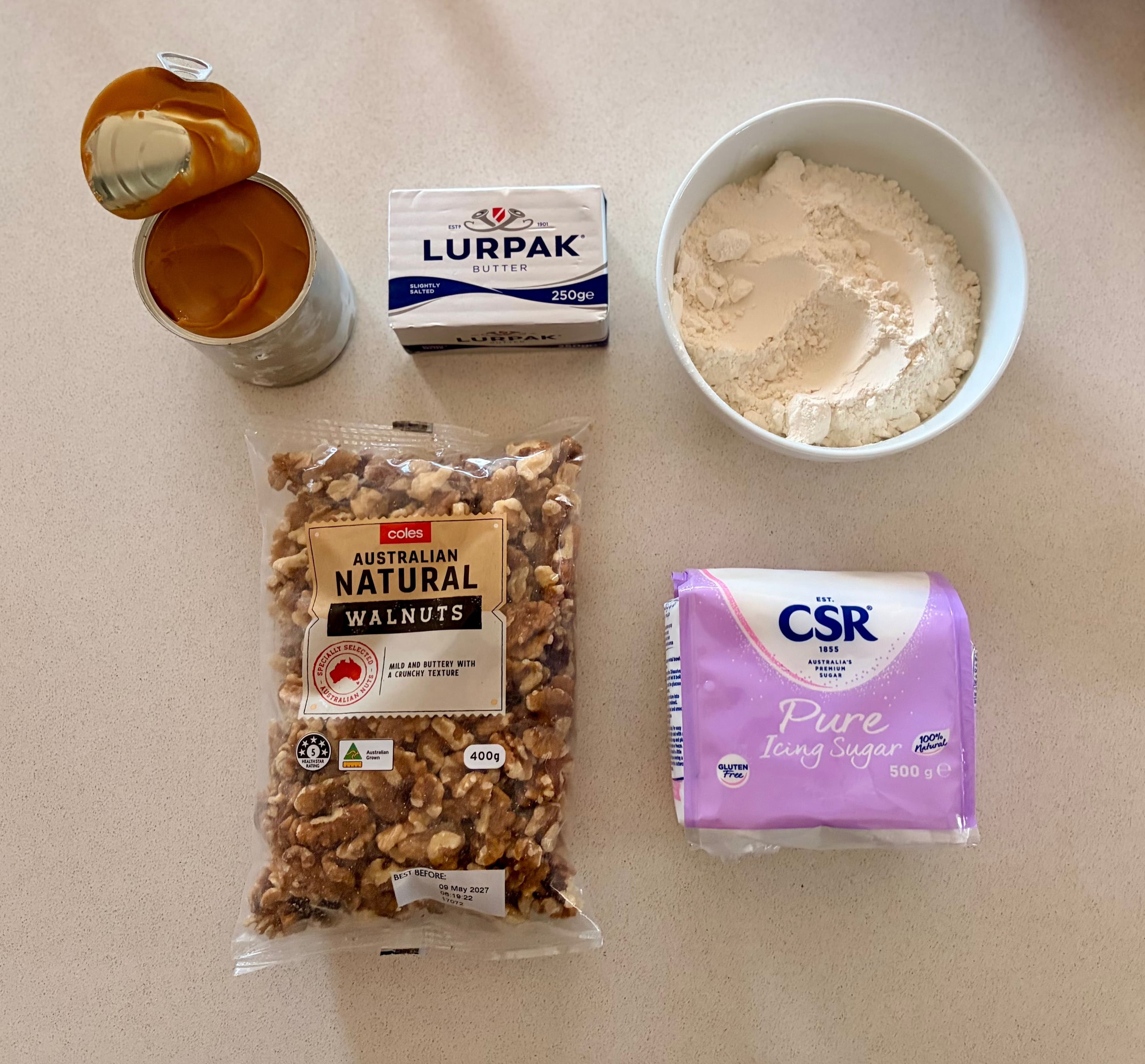 All ingredients for walnut alfajores