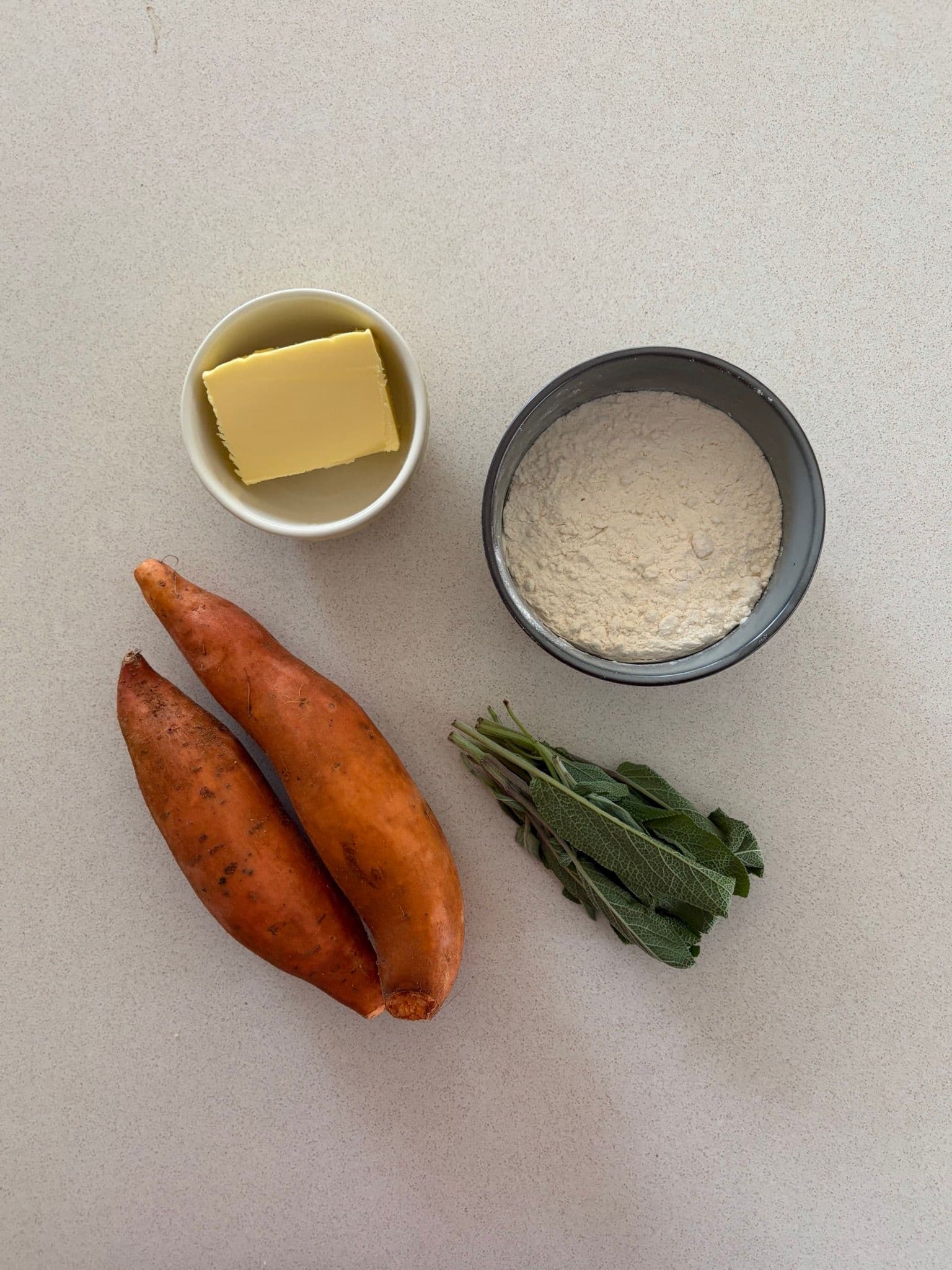 All ingredients for sweet potato gnocchi laid out