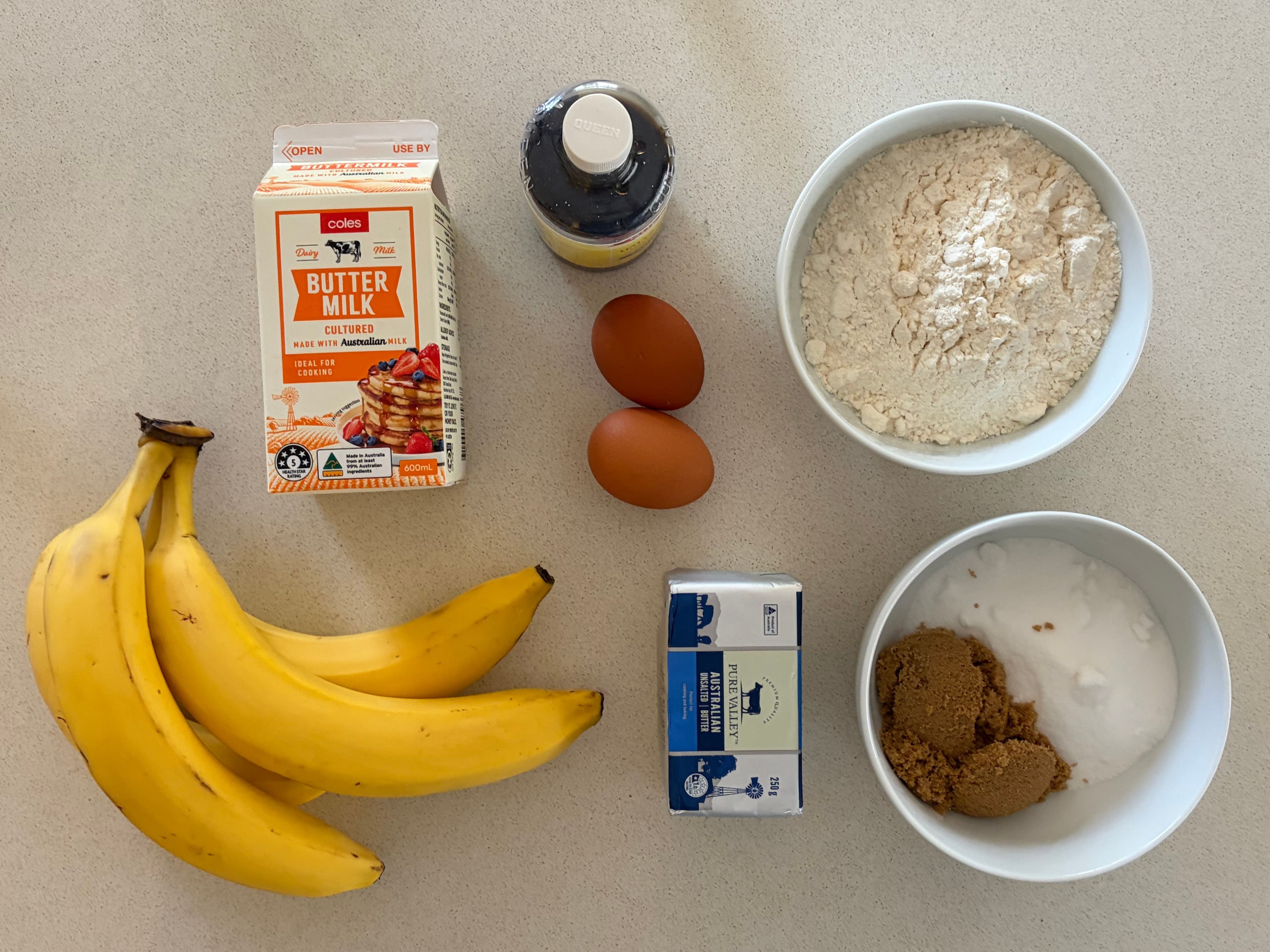 All banana bread ingredients laid out