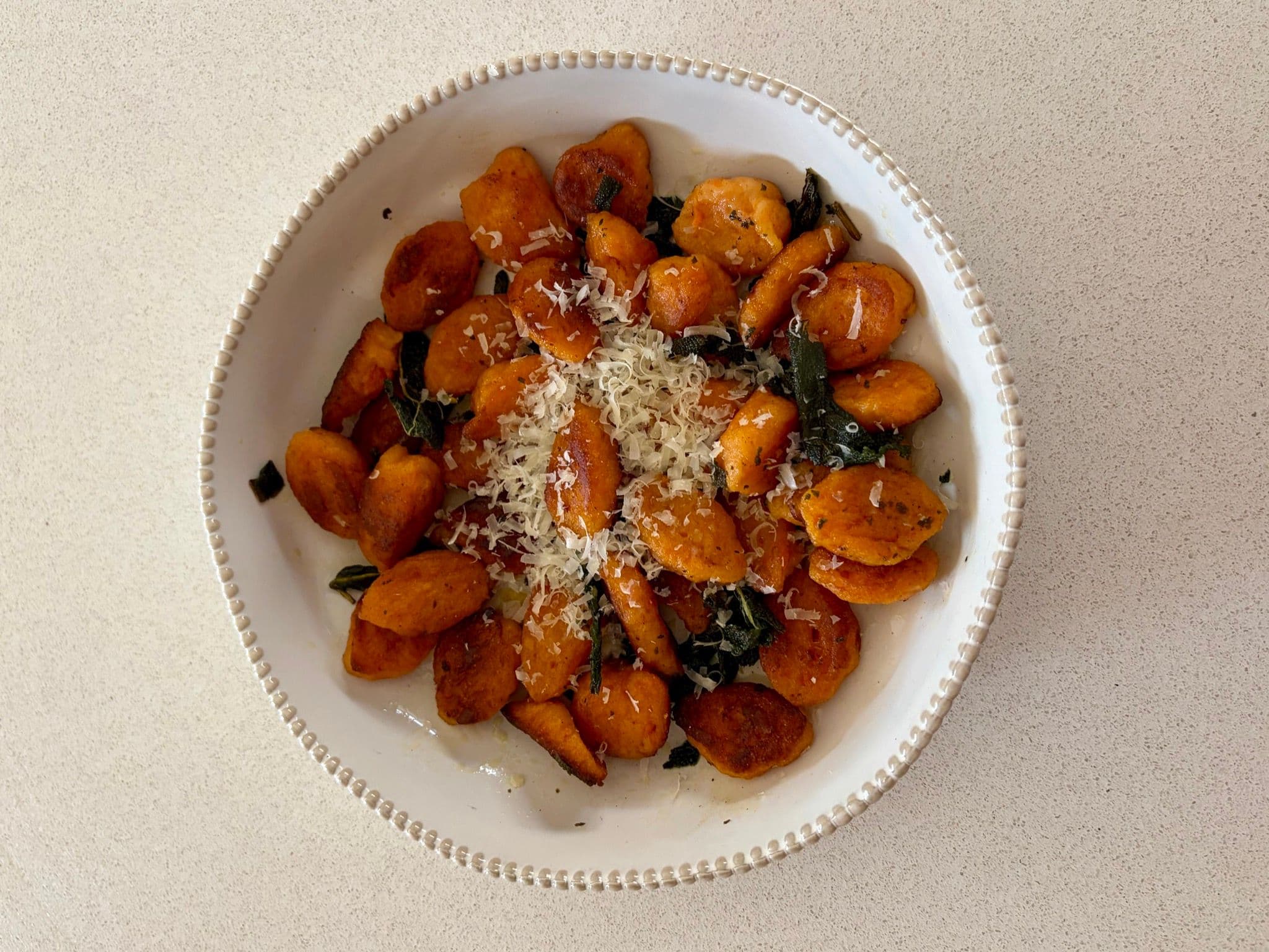 Sweet potato gnocchi in brown butter with crispy sage leaves